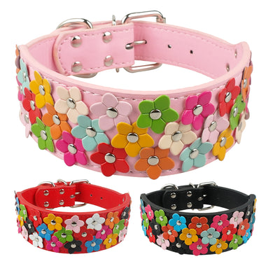 Wide Flower Leather Dog Collar