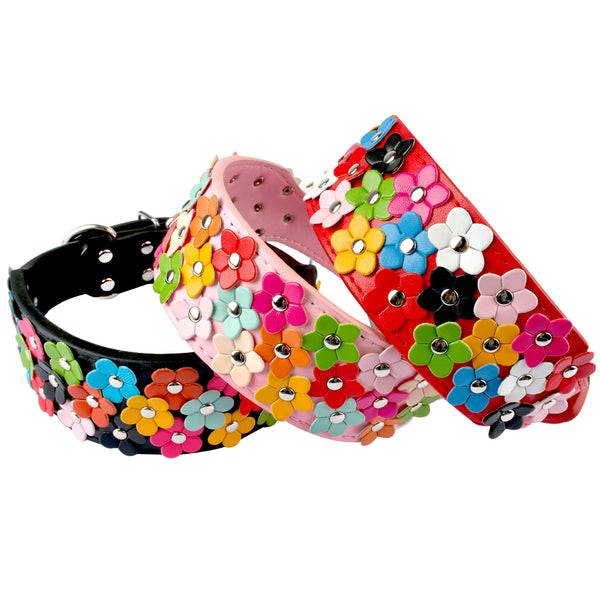 Wide Flower Leather Dog Collar