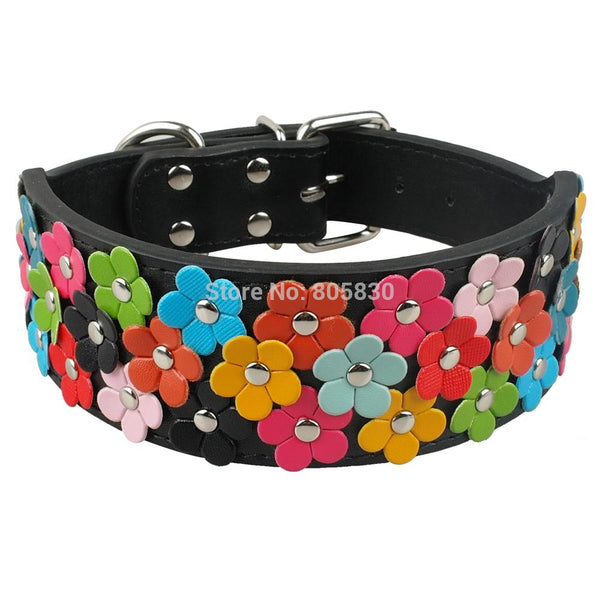 Wide Flower Leather Dog Collar