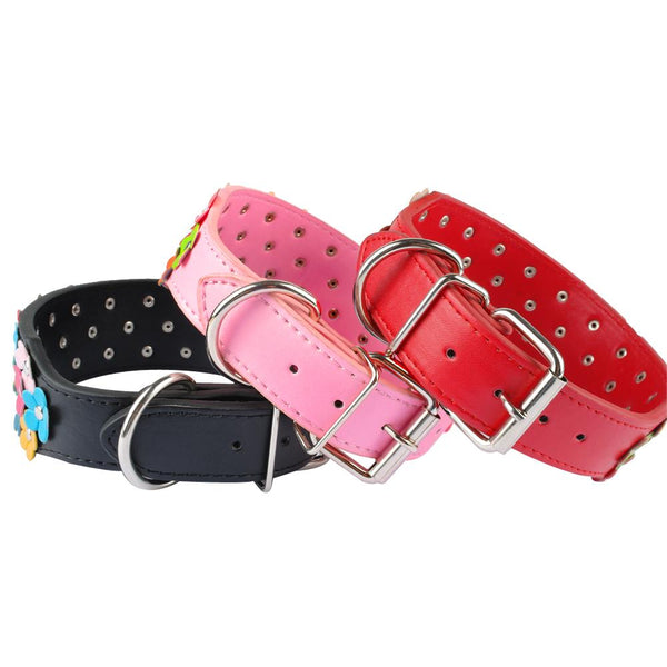 Wide Flower Leather Dog Collar