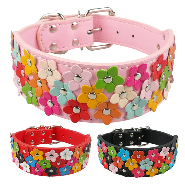 Wide Flower Leather Dog Collar