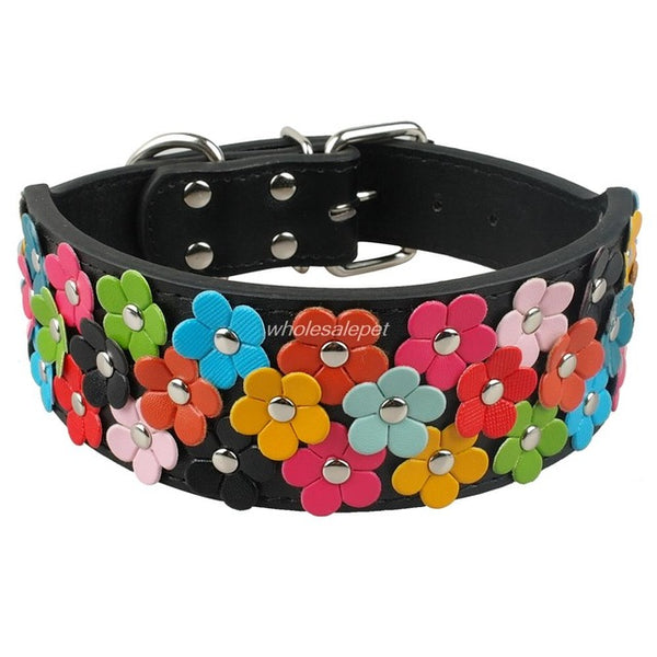 Wide Flower Leather Dog Collar