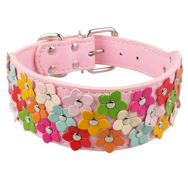Wide Flower Leather Dog Collar