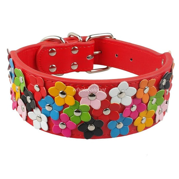 Wide Flower Leather Dog Collar